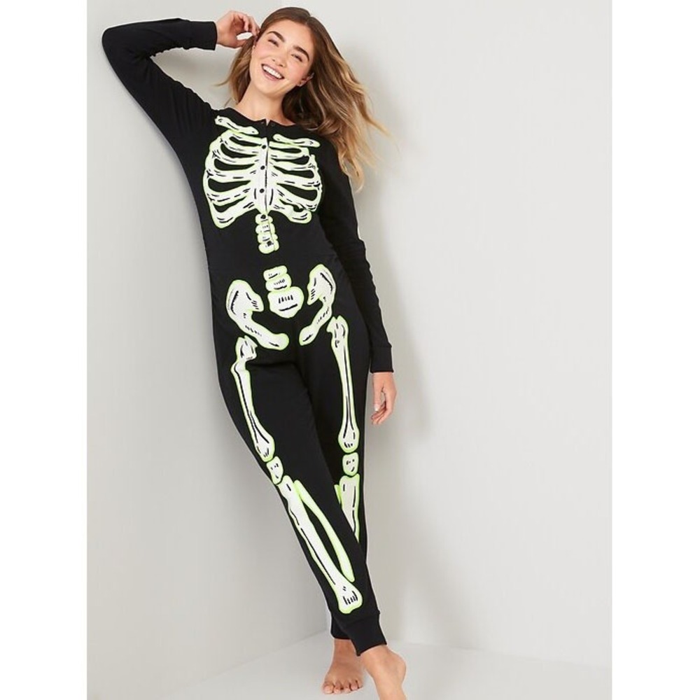 Old Navy Women's M Black Glow in the Dark Skeleton One Piece Pajama Jumpsuit - Picture 6 of 6